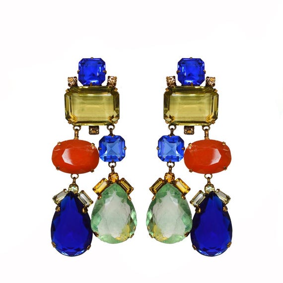 Exquisite Iradj Moini Lemon Quartz, Carnelian & Blue Crystal Clip On Earrings