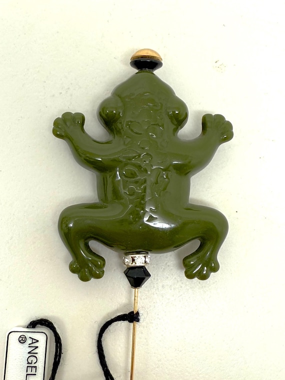 Angela Caputi Olive Green Resin Frog Hat Pin, Rhinestone Rondelles