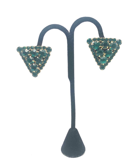 Vintage Triangle Green Rhinestone Clip On Earrings