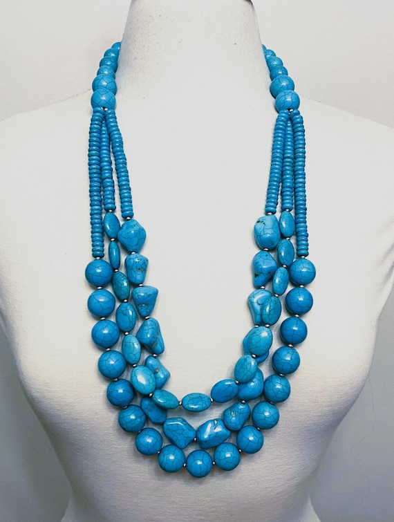 Vintage Blue Turquoise color Stone Multi Strand Necklace