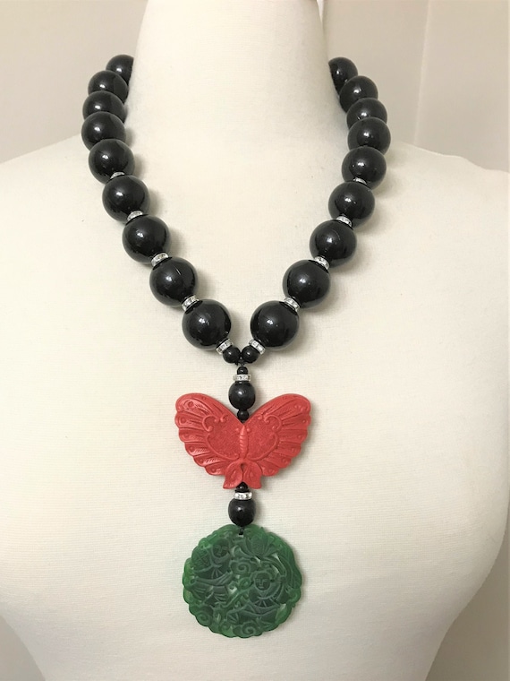 EXQUISITE Black Acrylic Beads, Cinnabar Butterfly & Carved Jade Necklace
