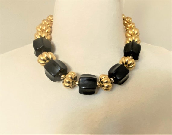 Vintage Napier Black Resin & Metal Beads Necklace