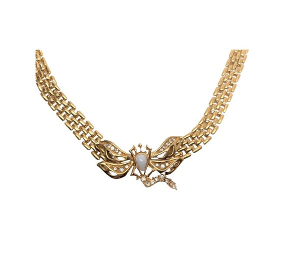 Stunning Givenchy Vintage Gold Plated Dragon Fly Crystal Milk Glass Necklace