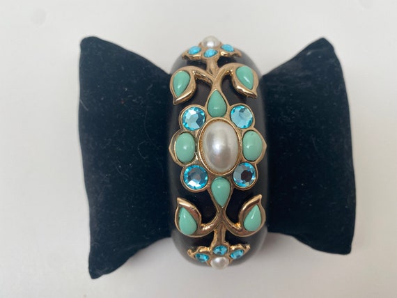 Gorgeous Fine Wood Cuff With Blue Rhinestones & Faux Pearls Cabochon Bracelet