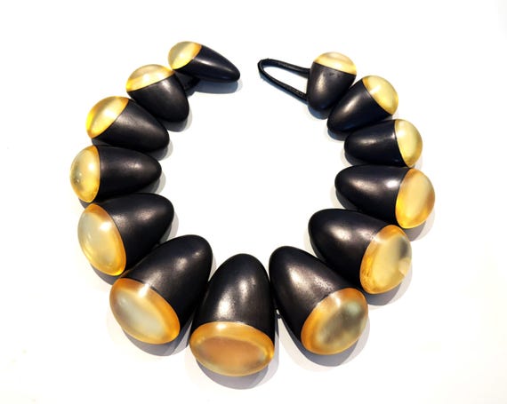 Gerda Lynggaard Monies Gold Foil Acrylic & Ebony Wood Statement Large Signed Necklace