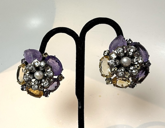 Iradj Moini Amethyst, Citrine, Pearl & Crystal Flower Clip On Earrings
