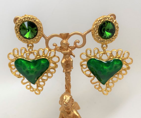 Gorgeous Gold Plated Green Enamel Heart, Large Rhinestone Pierced Earrings