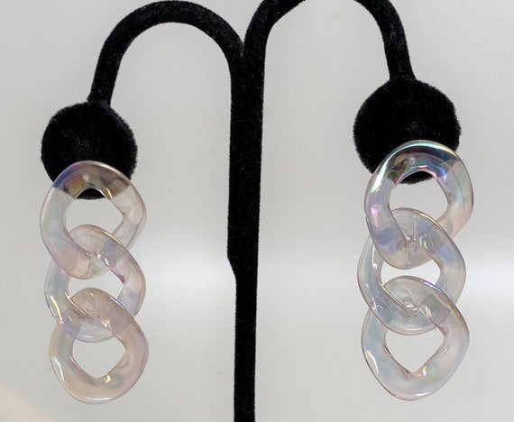 Gorgeous White Opalescent Lucite Chain Dangle Pierced Earrings