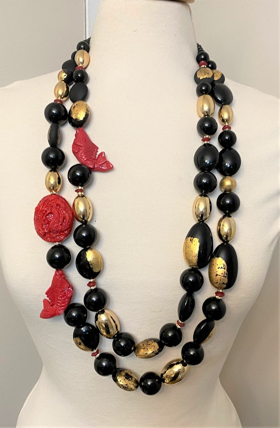 Gorgeous Black Gold Leaf Acrylic Beads , Red Resin Fishes Statement Necklace