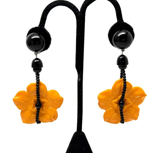 Angela Caputti Yellow Mustard color Flower Dangle Clip on Earrings