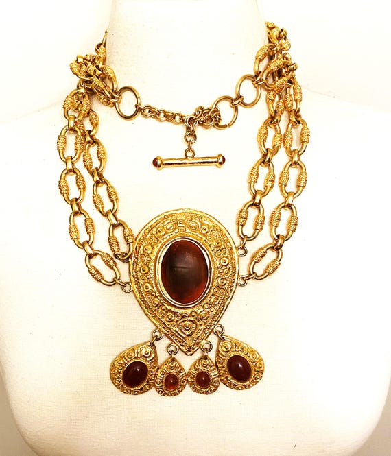 Vintage Large Brown Resin Stone, Gold Chain Adjustable Chain Belt