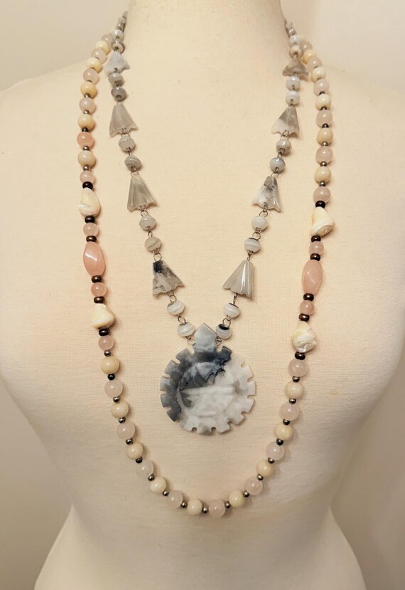 Vintage Rose Quartz & Natural Stones Beads Statement Pendant Necklace