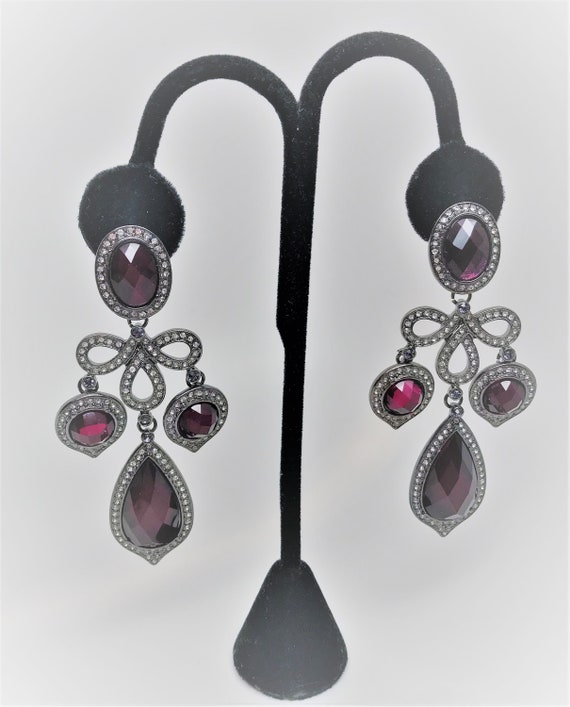 Stunning Faux Amethyst & Rhinestones Gunmetal Pierced Earrings