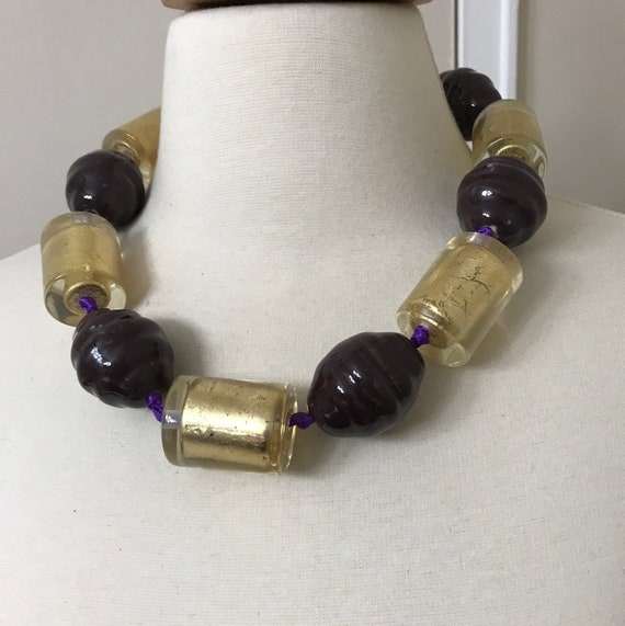 Stunning Couture Lucite Gold Leaf & Purple Beads … - image 7