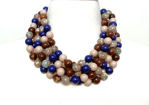Gorgeous ANGELA CAPUTI Beige, Brown & Blue Resin Beads Necklace