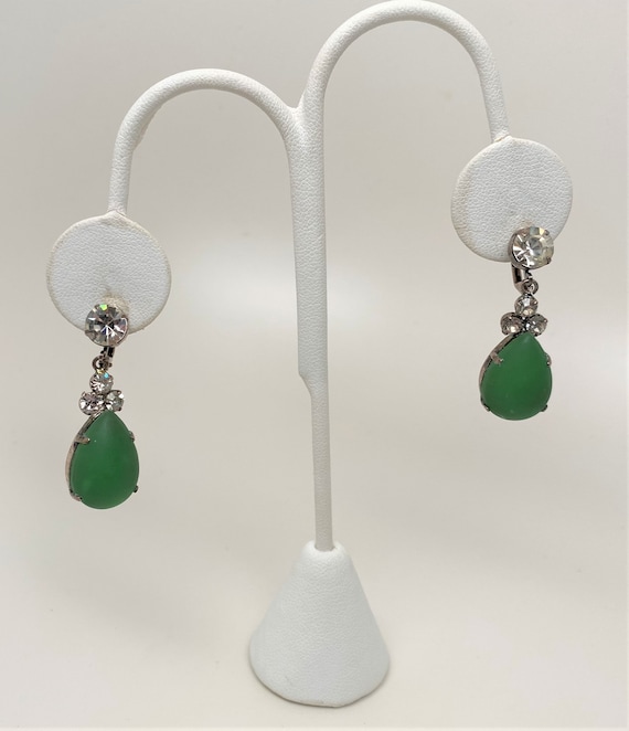 Vintage Sterling Silver, Crystal & Emerald Green Art Glass Pierced Earrings