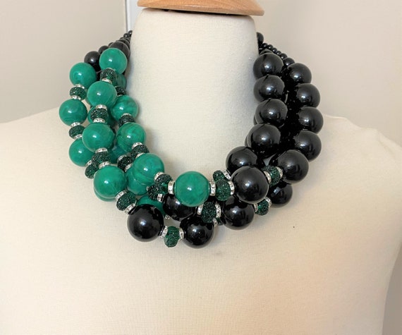 Multi Strand Black & Green Acrylic Beads, Glass With Rhinestones Necklace