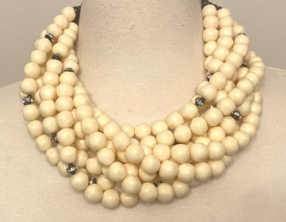 Gorgeous Cream Color Resin Beads & Rhinestone Rondelles Multi Strand Necklace