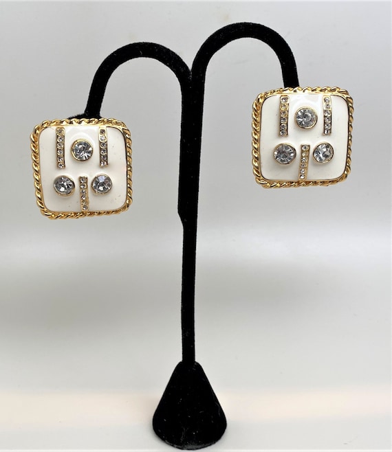 Vintage 1980's Gold Tone, White Enamel & Crystal Clip On Square Earrings