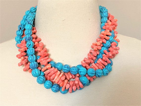 ANGELA CAPUTI Faux Coral & Turquoise Resin Beads Multi Strand Necklace