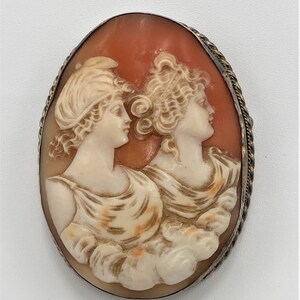 Antique Exceptional Details Large Victorian Sterling Cameo Two Ladies Brooch image 3