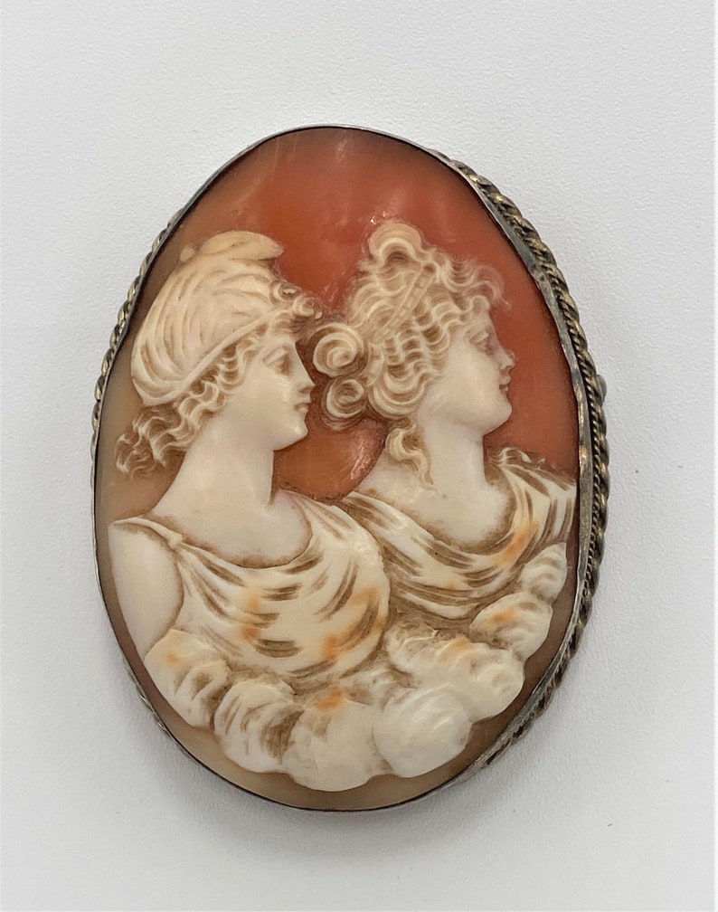 Antique Exceptional Details Large Victorian Sterling Cameo Two Ladies Brooch image 3
