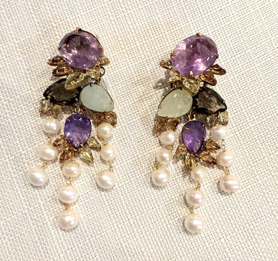 Iradj Moini Pearl, Amethyst, Quartz & Aquamarine Chandelier Clip On Earrings