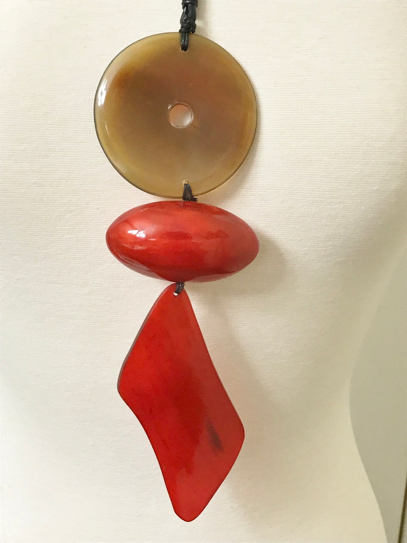Monies Style Leather /& Red Buffalo Horn Statement Designer Long Pendant Necklace