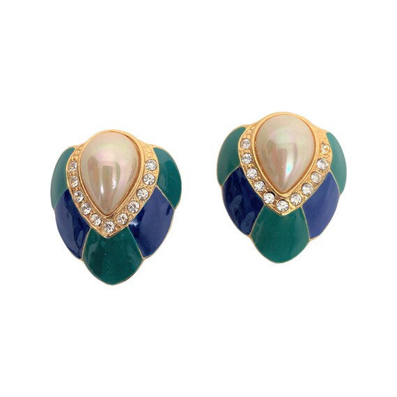 Gorgeous Vintage Green & Blue Enamel with Faux Pearl Cabochon Clip on Earrings