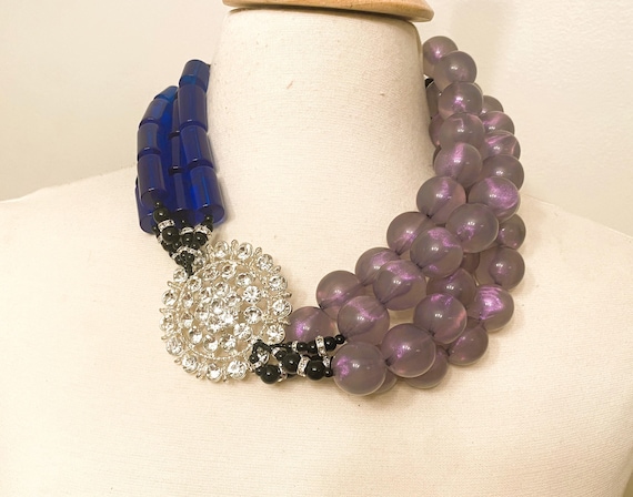 Fabulous Tubular Blue Lucite, Lavender Color Resin Beads & Rhinestones Necklace