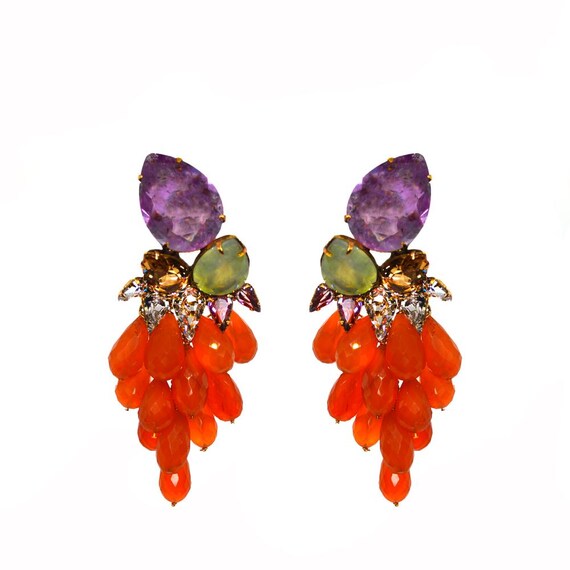 Iradj Moini Carnelian, Amethyst, Jade & Crystal Grape Clip On Long Earrings