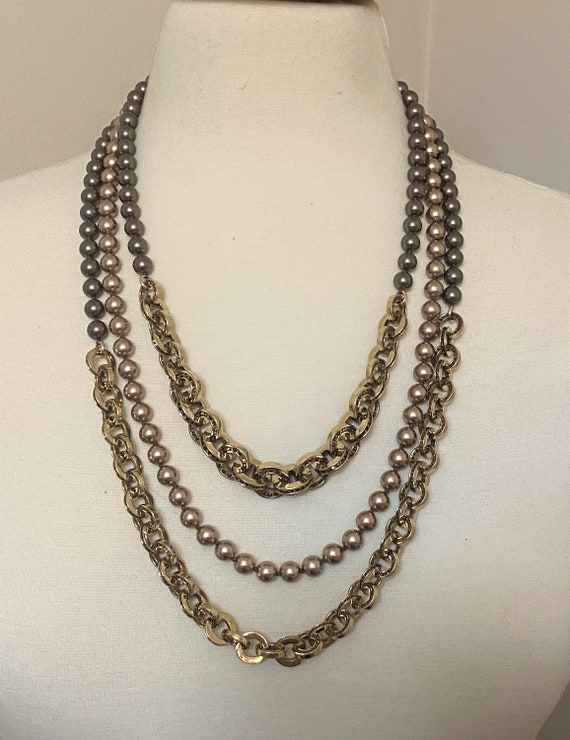ST. JOHN Brown Crystal & Beige , Brown Faux Pearl Multi strand Necklace