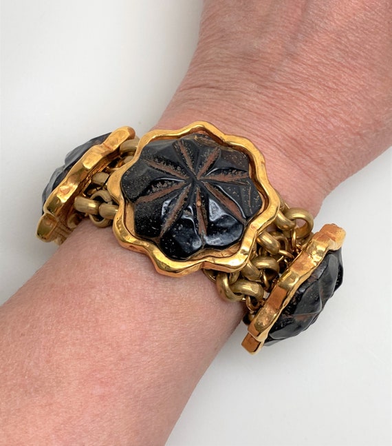Rare Vintage Haute Couture Givenchy Gold Plated & Carved Wood Large Bracelet