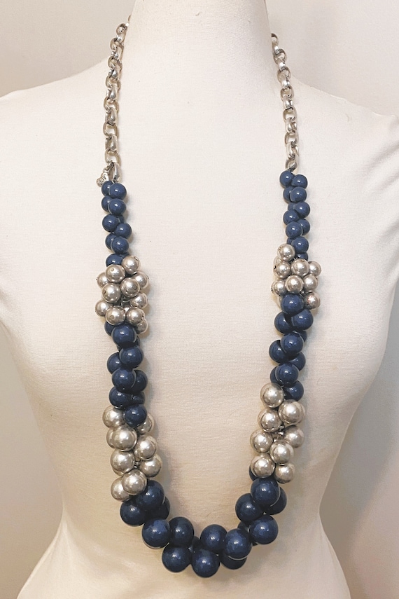 Vintage Silver Tone Chain, Blue & Silver Resin Beads Necklace