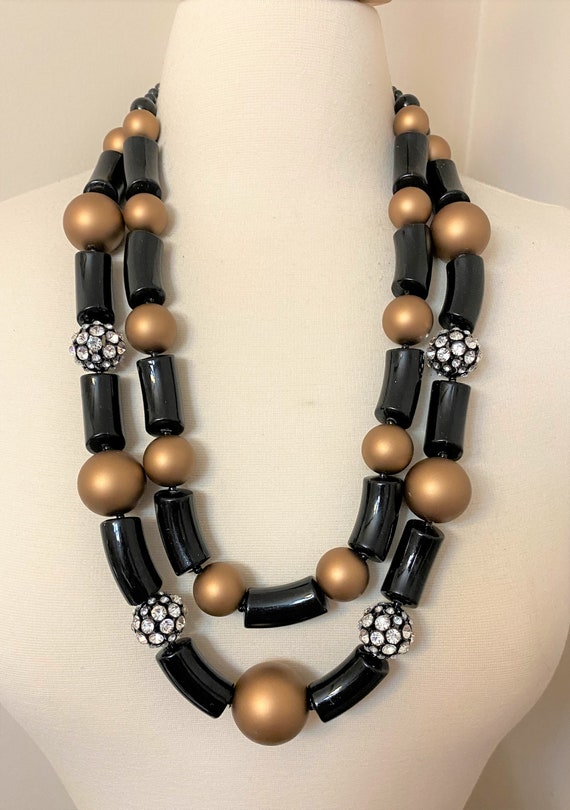 Black and Bronze Color Acrylic Beads With Rhinestones Two Strand Long Necklace