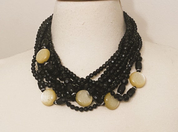 ANGELA CAPUTI Faceted Black With Light Cream Resin Beads Multi Strand Necklace