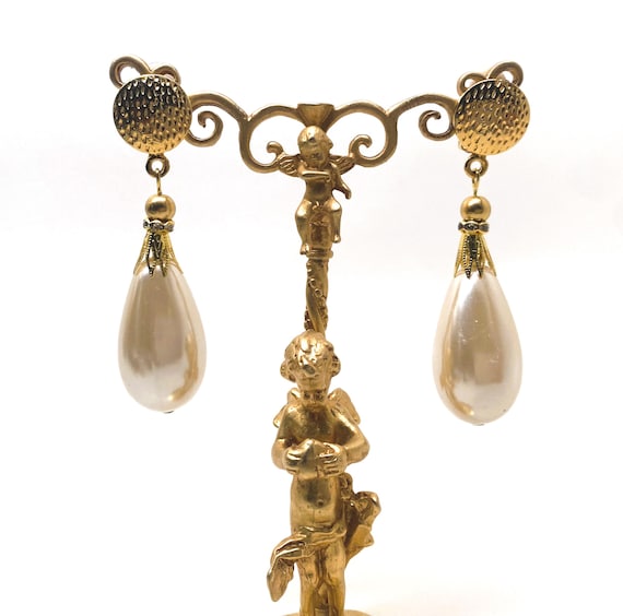 Vintage Gold Tone, Teardrop Faux Pearl, Rhinestone Rondelle Clip On Earrings