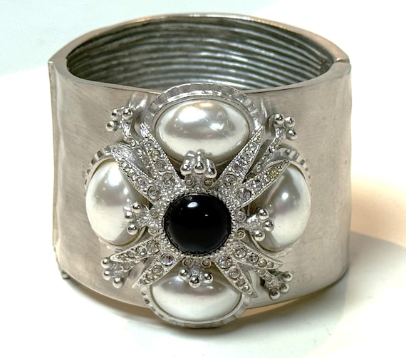 St John Faux Pearl Rhinestone Maltese Cross Hinged Cuff Bracelet
