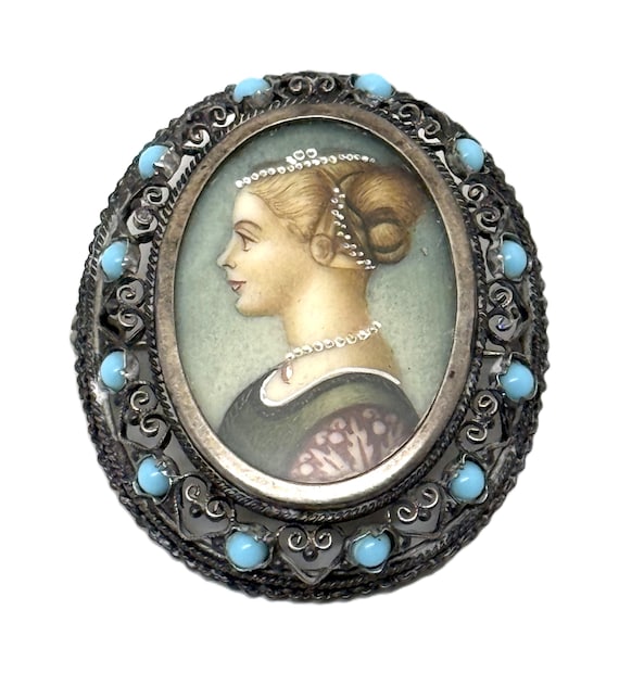 Antique Hand Painted 800 Silver Portrait Filigree & Turquoise Brooch Pin Pendant