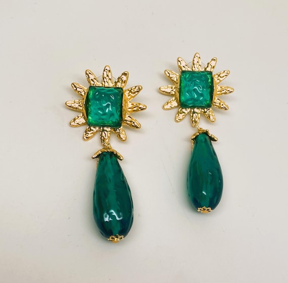 Stunning Green Resin Cabochon Gold Plated Pierced Dangle Earrings