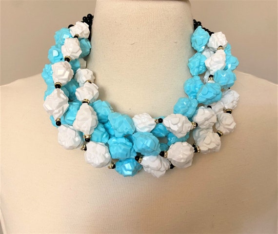 Gorgeous Blue & White Resin Nugget Beads Multi Strand Statement Necklace