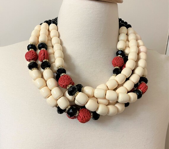 Off White, Black Acrylic Beads & Cinnabar With Rhinestones Necklace Angela Caputi Style