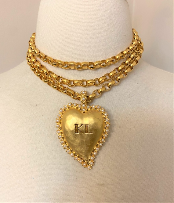 Vintage 80s Karl Lagerfeld Big and Bold Logo Statement Heart Necklace Pendant