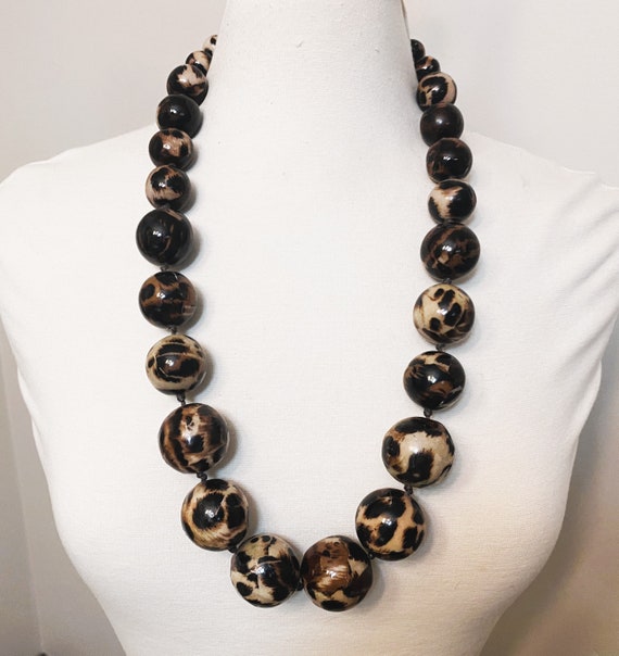 Vintage Beige & Brown Animal Print Resin Beads Long Necklace