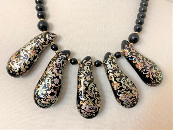 Vintage Black Acrylic Beads & Painted Stones Japanese Necklace