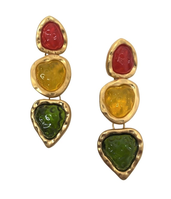 Gorgeous Orange, Yellow & Green Art Glass Cabochon Gold Plated Pierced Earrings