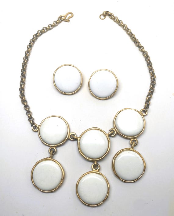 Vintage Kenneth Jay Lane Gold Tone, White Resin Earrings & Necklace Set