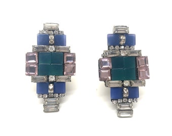 Vintage Blue, Green & Pink Clear Rhinestone Clip On Earrings