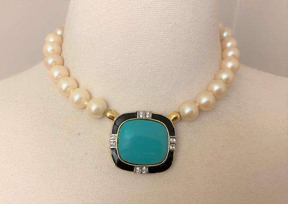 Kenneth J Lane "KJL" Statement Faux Pearl & Black Enamel, Green Stone Necklace