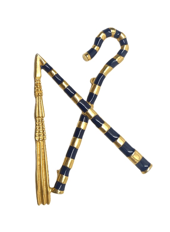 Vintage MMA Egyptian Revival Brooch Blue Enamel Royalty Crook and Flail Brooch